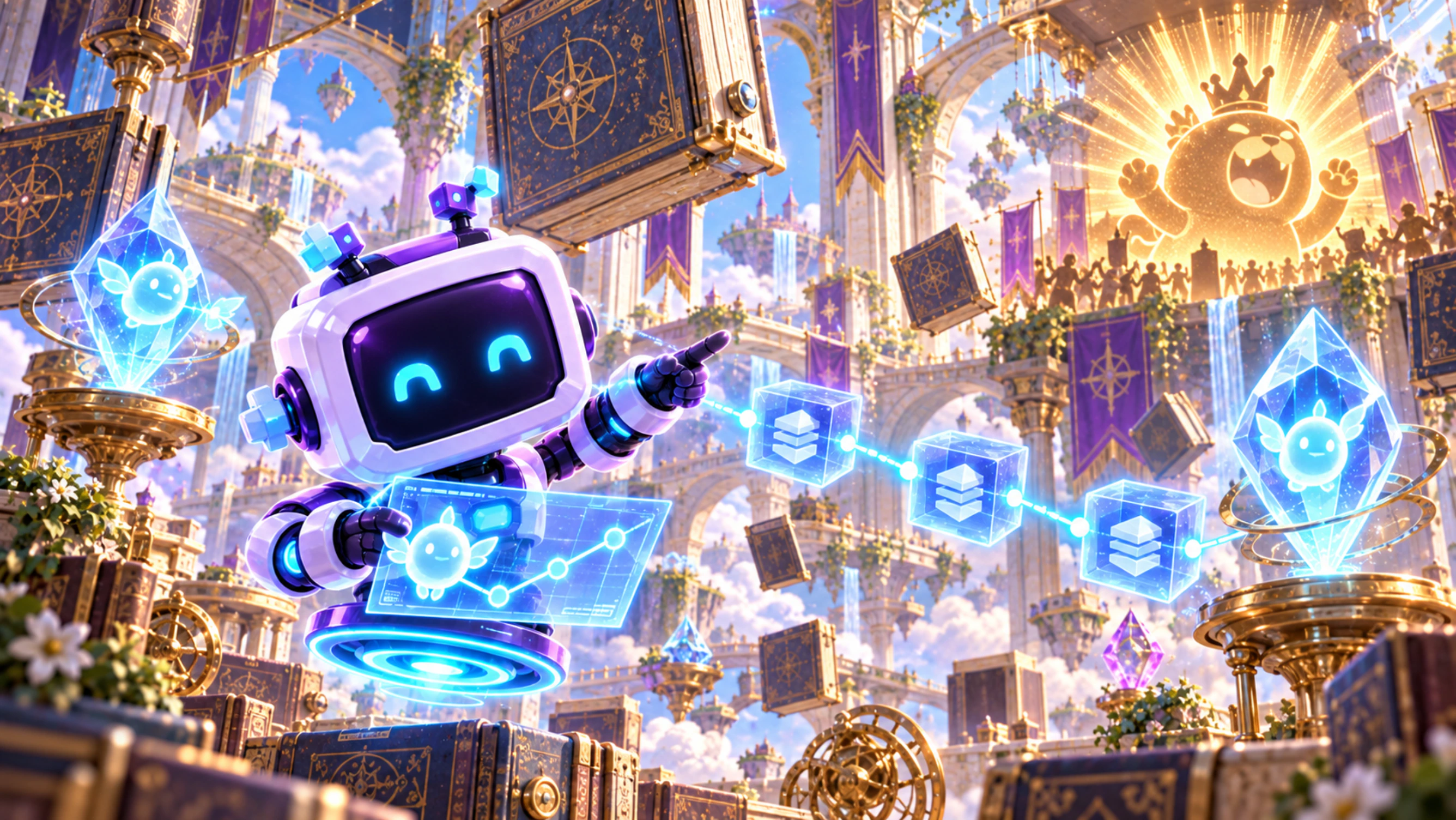 Byte verifies a chain of glowing blocks inside a luminous cloud archive.