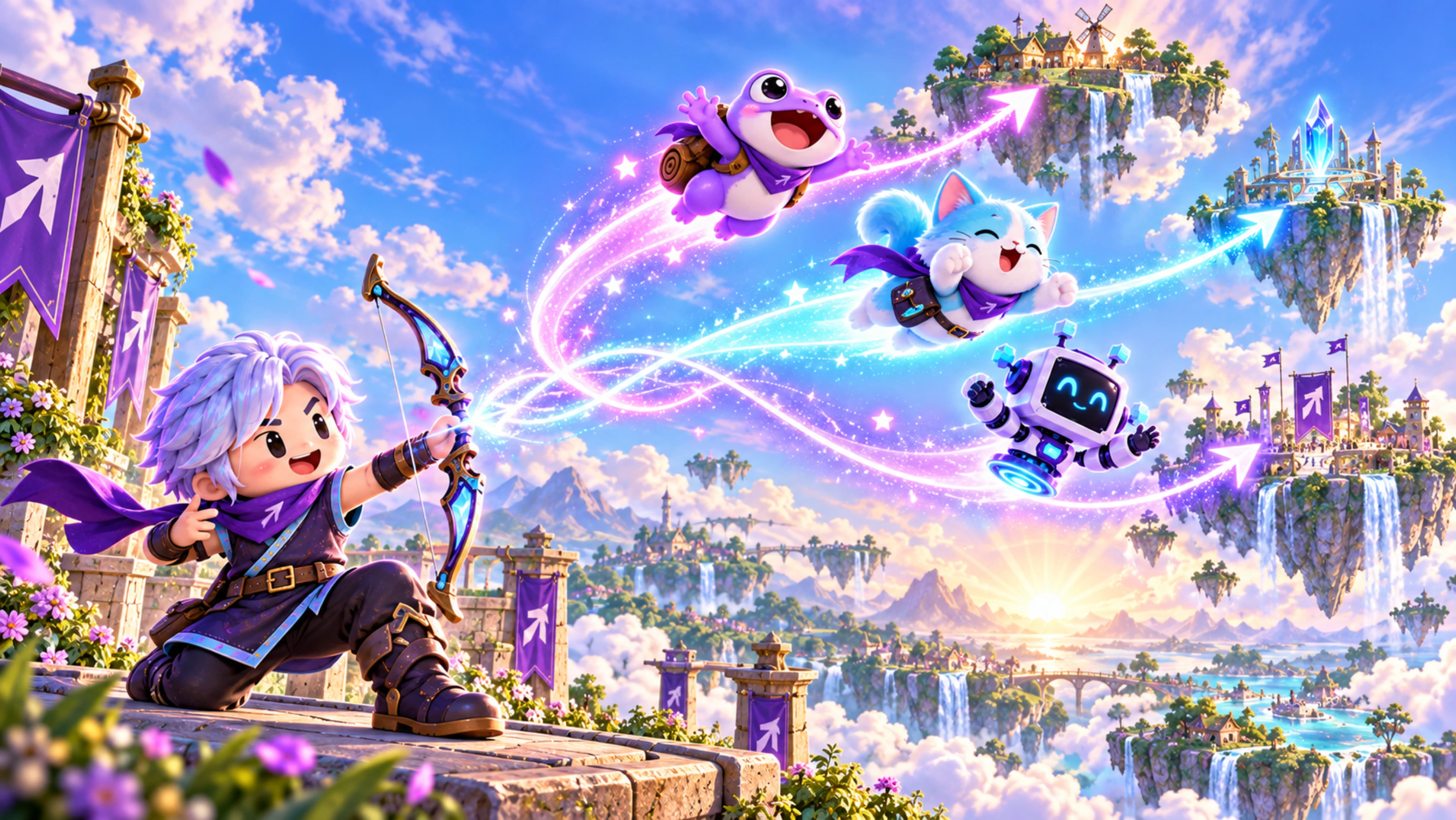 The Archer launches three blazing arrows while Pip, Nyx, and Byte race into a bright floating-island world.