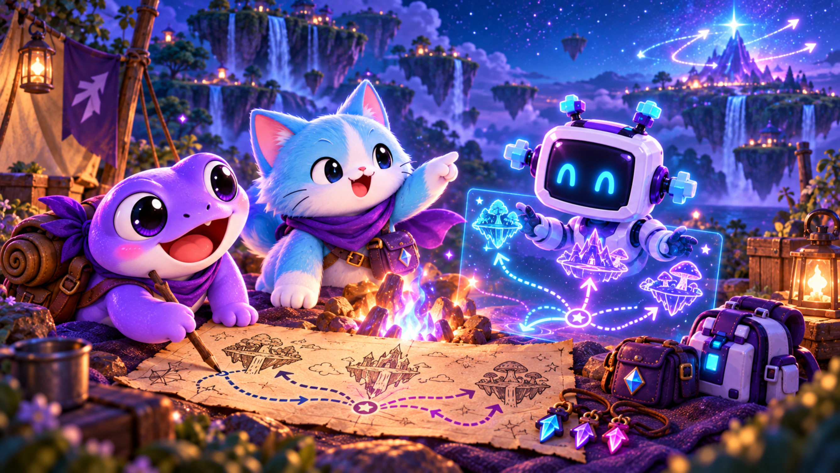 Pip, Nyx, and Byte make a pact around a glowing map beside a campfire.