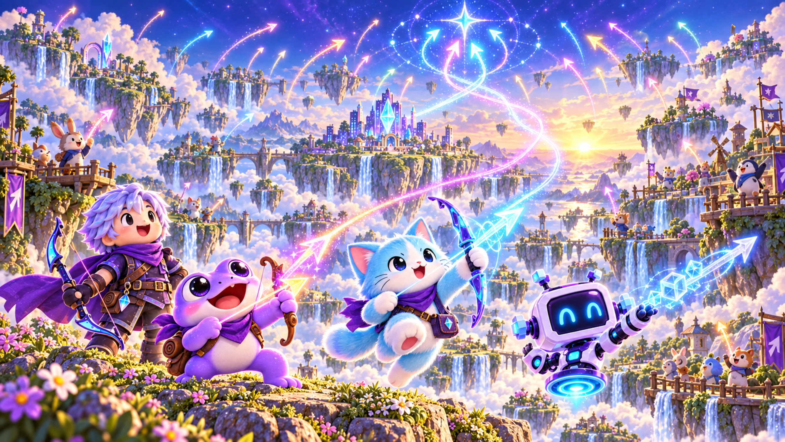 The Archer, Pip, Nyx, Byte, and distant communities fill the sky with luminous arrows.