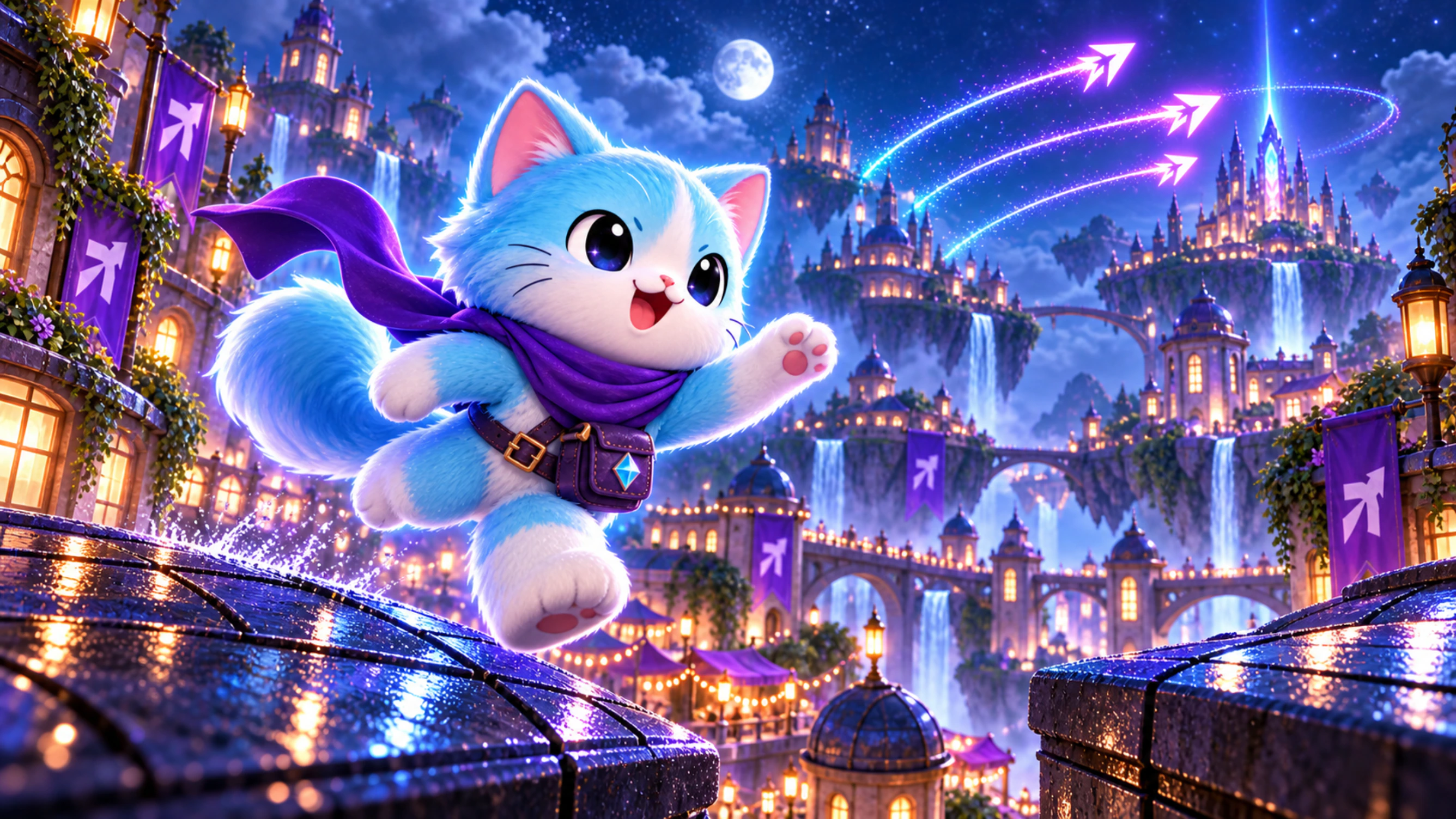 Nyx follows luminous signal arrows over magical moonlit rooftops.