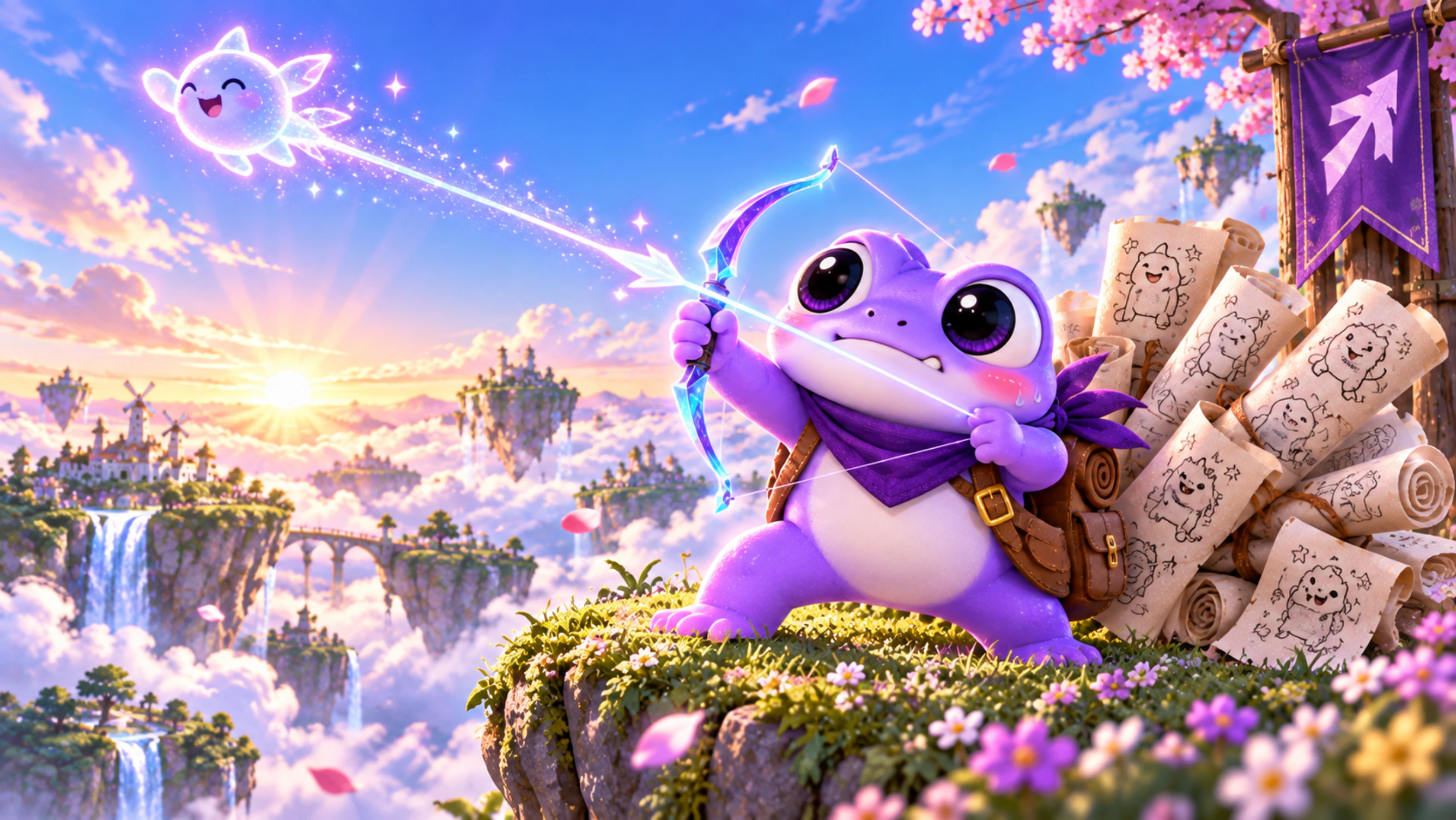 Pip fires a glowing first arrow across a colorful sunrise valley.