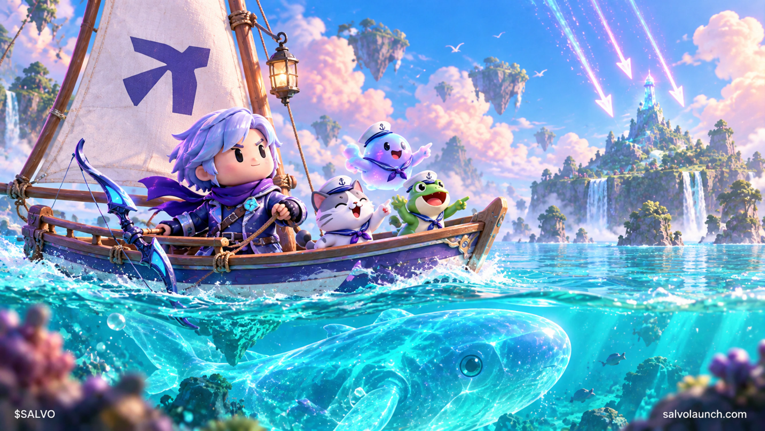 The Archer and a crew of original creatures cross a bright ocean toward floating islands while arrows streak overhead.