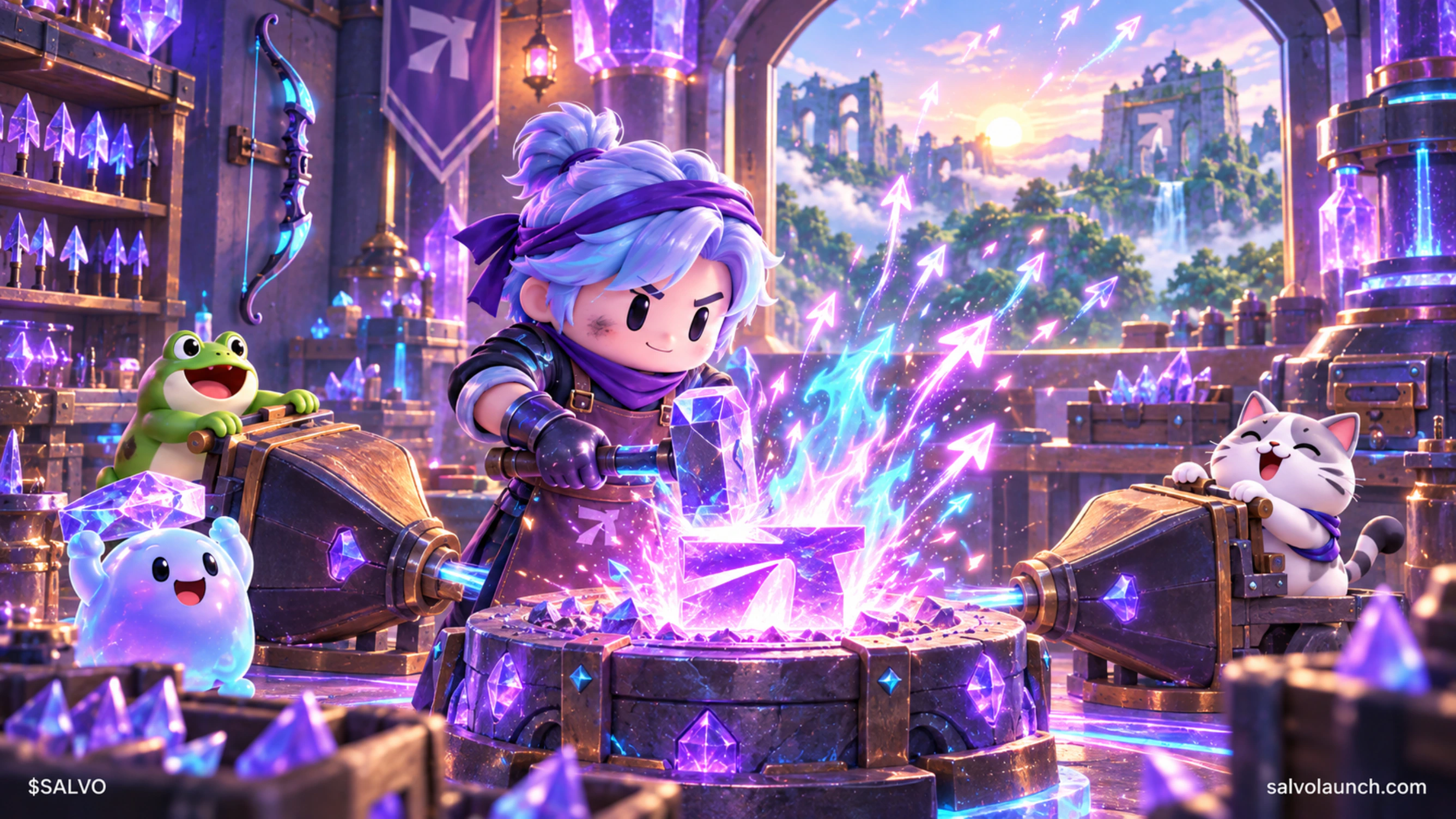 The Archer and original companions work at a luminous forge where bright crystal arrows rise into the sky.