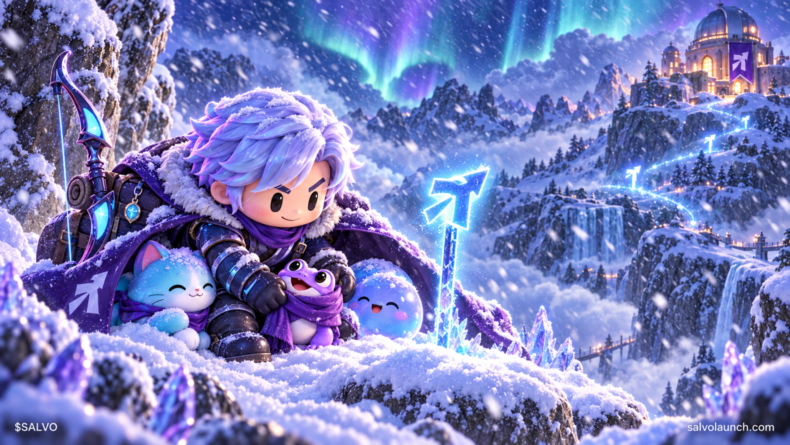 The Archer shelters young companions in a snowy mountain storm while a luminous arrow trail points toward a distant refuge.
