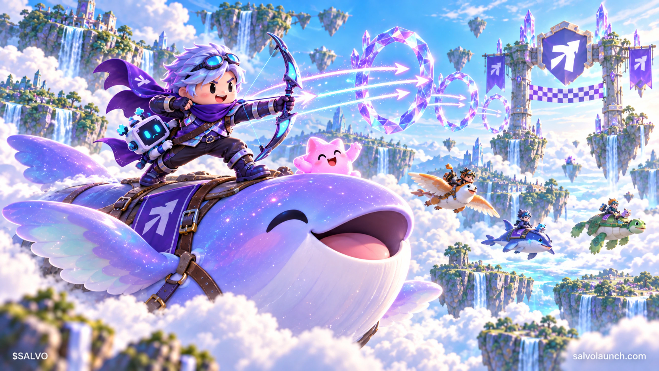 The Archer rides a joyful flying skywhale through crystal gates alongside a colorful field of original fantasy racers.
